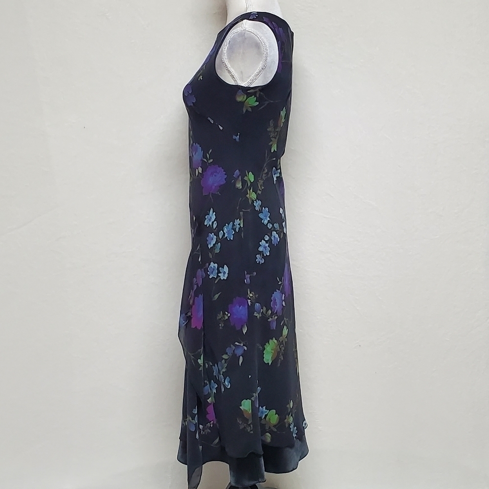 VINTAGE Liz Claiborne Purple Floral Silk Chiffon Black Satin Ruffle Midi Dress M - Picture 10 of 16